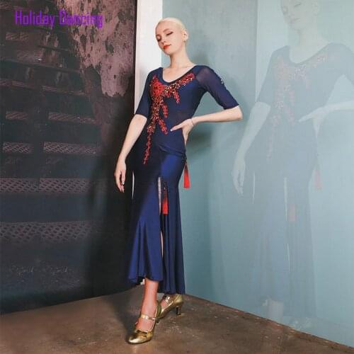 2021 New TL598 Big Flower Latin Dance Dress Women Half Sleeve Design Modern Dance Dress for Dancing Performance Show Cloth