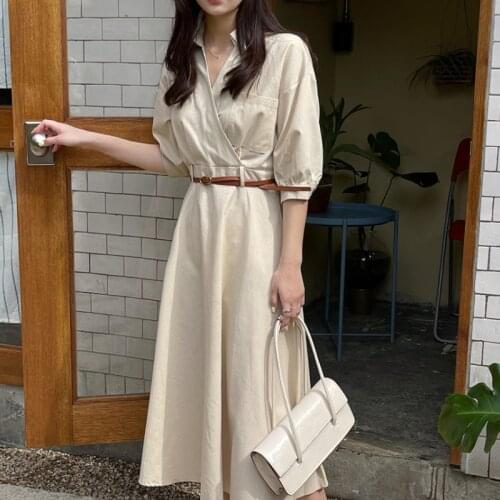 2021 Summer Women Elegant Long Shirt Dress with Leather Waistbelt V Neck High Waist A-line Pullover Maxi Sundress