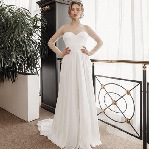 Plus Size Chiffon Wedding Dress 2021 Elegant O-Neck Long Sleeve Pearls A-Line Sweep Train Bridal Gowns Vestido de Novia