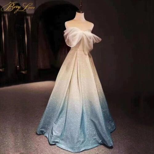 Fading Color Evening Dress 2020 Ivory Blue Bottom Evening Gown Bow Knot Neck Formal Abiye Prom Party Dress vestido longo festa
