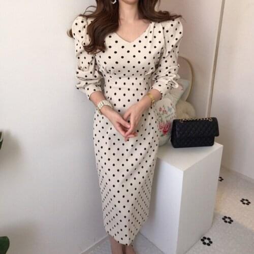 Spring Autumn Women Casual Polka Dot French Style Printdress A-Line Party Corduroy Dresses Eleagnt Lace-Up Slim FashionRetro2021