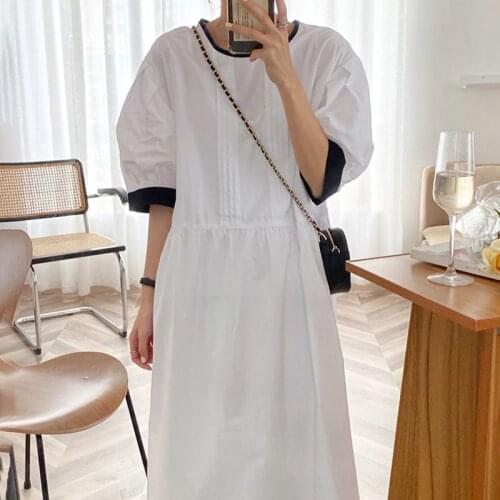 2020 Summer Korean Chic Retro O- Neck Contrast Color Pleated Design Loose Over The Knee Long Bubble Sleeve Dress Women
