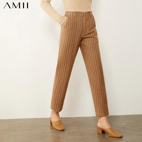 Amii Minimalism Autumn Winter Woolen Womens Pants Fashion Stripe High Waist Straight Ankel-length Female Trousers 12070500