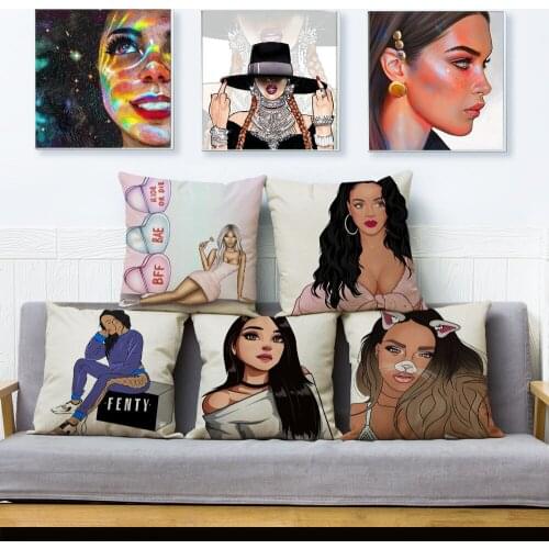 Beige Linen Hand Painting Cartoon Pretty Girl Cushion Cover Pillow Case Decor Print for Sofa Home Car Pillow Case 45x45cm
