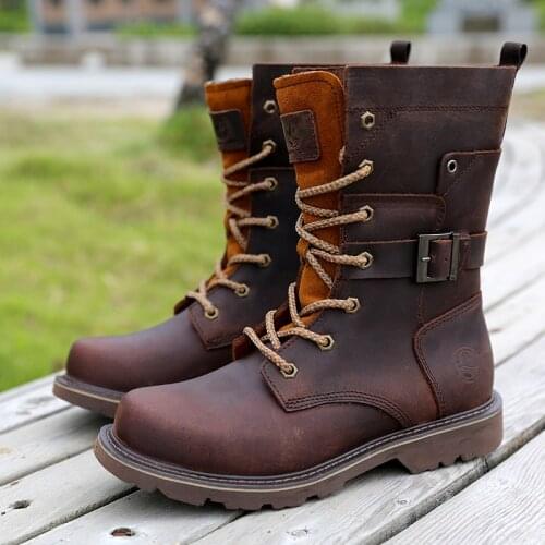 Military Genuine Leather Combat Boots Spring Autumn Men Long Boots Lace Up Male Motorcycle Boots