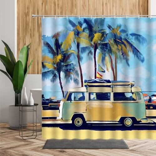 Camper Car Shower Curtain Coconut Tree Beach Scenery Bath Curtains Waterproof Summer Travel Pattern Printed Bathroom Decors Sets