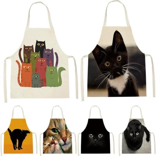 Cartoon Cute Cat Black Printed Sleeveless Apron Kitchen Pinafore WomenS Home Cooking Baking Waist Bib Antifouling Anti-Greasy