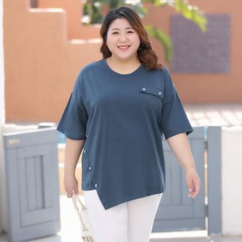 Summer Tees Tops Short Sleeve Pockets Asymmetrical T-shirts Female Loose XL To 6XL Casual Tshirts Blusas Mujer