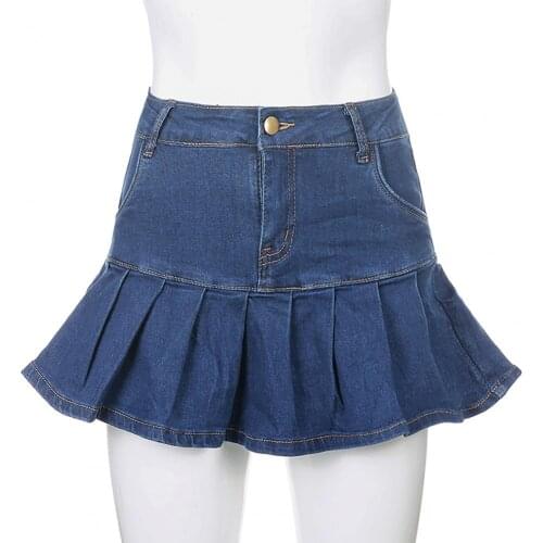 Hip Short Skirt Mini Skirt High Waist Pleated Denim Women Solid Color Stretchy A Line Skirt for Party Work Office Elegant Skirt
