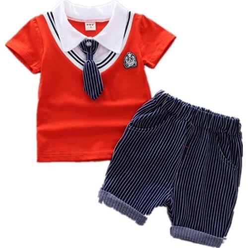 Summer Tie Design Boy Clothes Set Turn-down Collar Tops + Striped Pants 2pcs Sets Cute Newborn Toddlers Cotton Baby Outfits