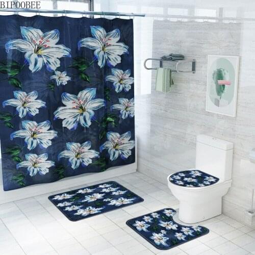 Summer Lily Printed Shower Curtain White Flower Bathroom Curtains Bath Mat Set Non-Slip Flannel Rug Toilet Cover Mats Home Decor