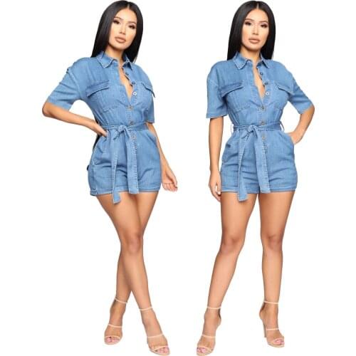 Fashion Fitness Denim Playsuits High Waist Lace-up Pockets Rompers Sexy Single-breasted Button Playsuits Office Lady Streetwear