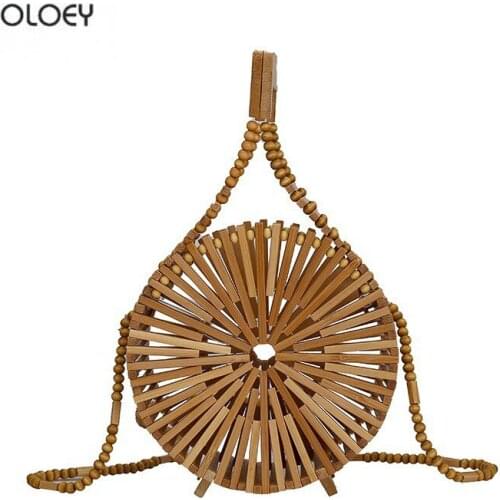 OLOEY Summer womens handbag shoulder bag messenger bag bamboo woven bag round woven bag beach bag