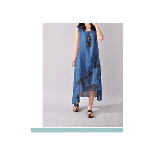 30pcs/lot fedex fastkorean style woman casual print long dress cotton linen summer casual loose dress 4colors
