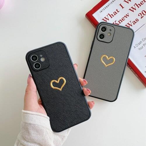 Luxury Gold Love Heart Couple Phone Case For iPhone 11 Case Stick Leather Shockproof Cover For iPhone 12 Pro Max XR XS 7 8 Plus