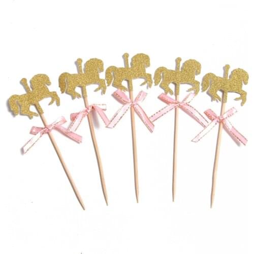5 Pcs Lovely Carousel Shape Cake Toppers Delicate Cupcake Dessert Toppers Party Bithday Decoration Pink Blue Bowknot