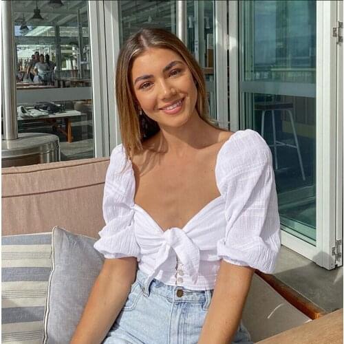 Women White Blouse Pricess Puff Sleeve Shirts Crop Top Bowknot Short Sleeve Blouses Square Collar Button Design Tops For Lady
