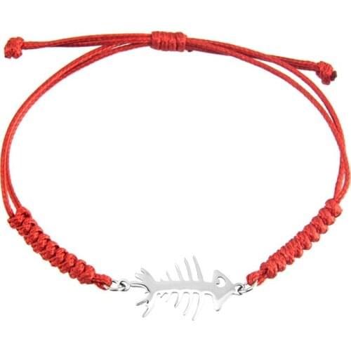 Women Adjustable Cord Bracelet fish bone connector Stainless steel pendant black red color Rope