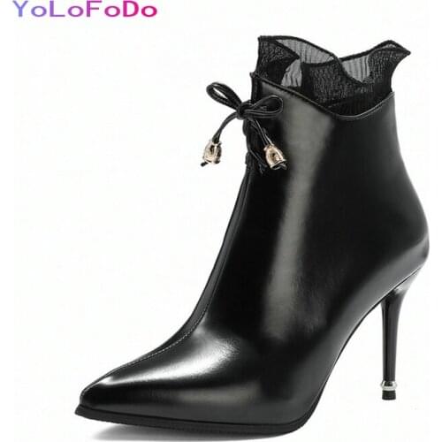 Plus Size 34-45 Women Ankle Boots PU Leather Fashion Pointed Toe Shoes Side Zipper Thin High Heel Ladies Short Boots Black White