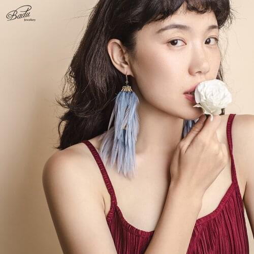Badu Statement Long Feather Earrings for Women 6 Colors Feather Vintage Drop Earring Party Jewelry Valentines' Gift