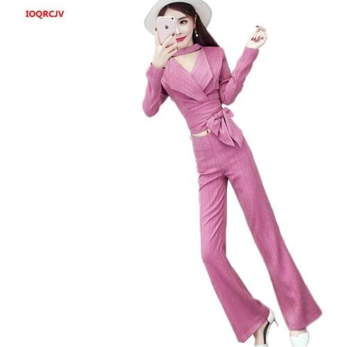 Female Set 2019 Fashion Temperament Slim Wide leg pants 2 Piece Spring Autumn Women Long Sleeves Tops +flare Pants Suits W910
