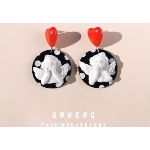 QUMENG New Harajuku Cute Cupid Angel Pendant Drop dangle Earring red heart Punk Chain Jewelry Women Balot vintage dark Girl Gift