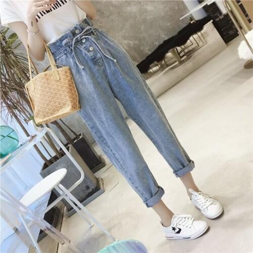 Womens Loose High Waist Slimming Jeans Korean Lace-up Straight Ankle-length Trendy Denim Pants