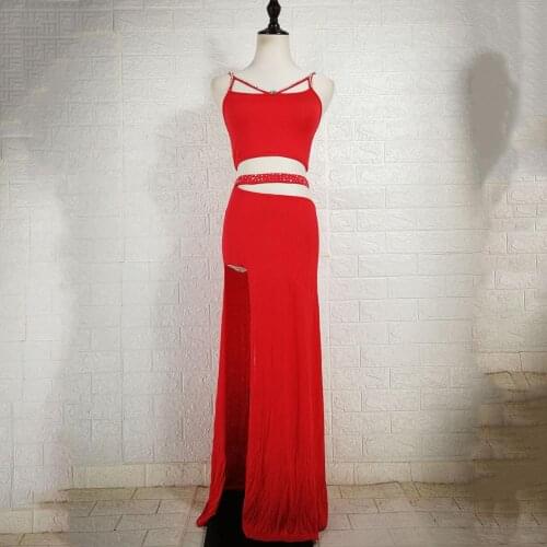 Custom made red Women Class Wear Off-shoulder Top and Skirt Side Slit Belly Dance Costume Set for Girls (with shorts)