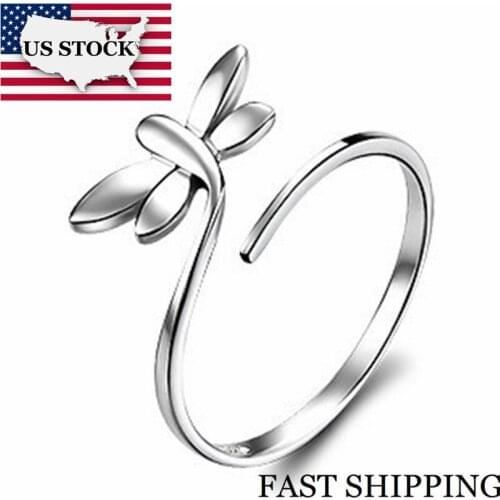 US STOCK Dragonfly Womens Rings Adjustable Ring for Men Silver Color Animals Jewelry Bijuterias Aneis Uloveido J049