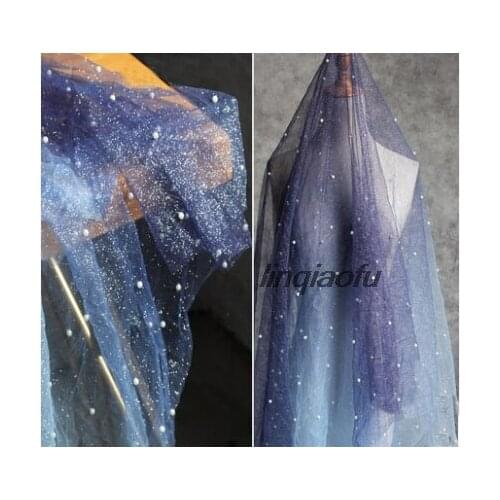 Star of the Eyes Dark Blue Gradient Sky Blue Beads Gold Perspective mesh Dress Fashion Cloth
