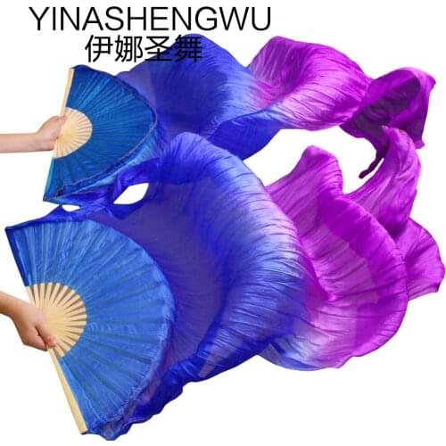 1 Pair Dance Fans Bamboo Ribs Natural Silk Stage Performance Props Dye Fans Women Belly Dance Silk Fans royal blue+purple