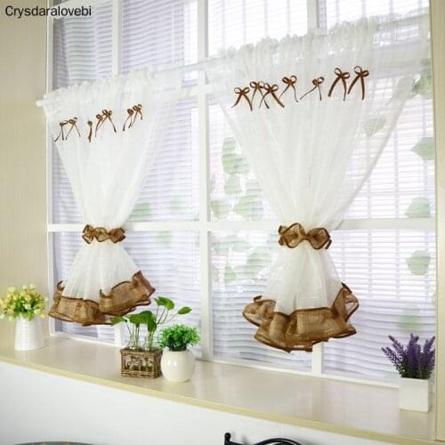 2pcs Customizable Short Tulle Curtain with Ties Pastoral Kitchen Curtains Small Sheer Curtain Drapes for Cabinet/Balcony/Window