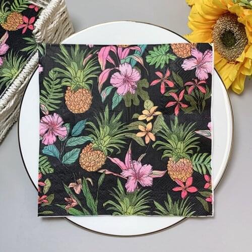 20Pcs/Pack Floral Pineapple Table Decoupage Paper Napkins Black Background Napkin Paper Tissues for Wedding Party Decor