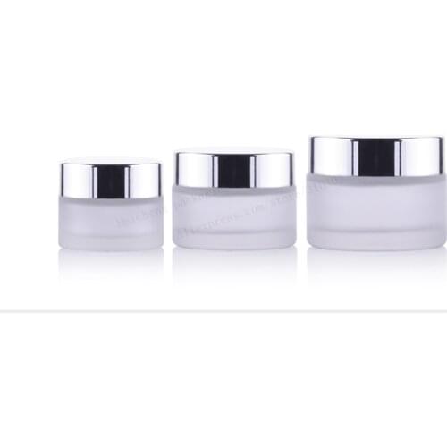200 X New Design Frost Glass Make Up Cream Jar Pot Containers With Uv Shining Silver Cap and White Pad 15g 30g 50g