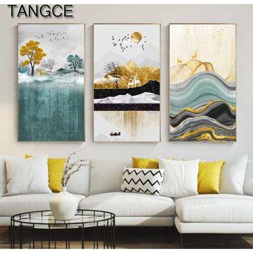 Abstract Golden Foil Canvas Painting Modern Gold Sun Deer Wall Art Picture for Living Room Nordic Blue Green Block Poster Print