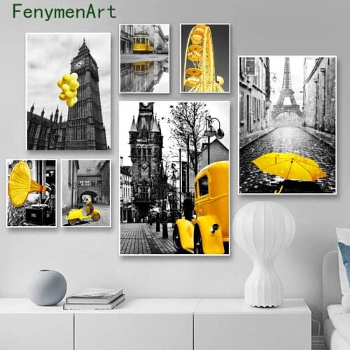 Black White City Landscape Canvas Painting Yellow Car And Umbrella Poster Print Nordic Wall Art Picture Living Room Home Decor