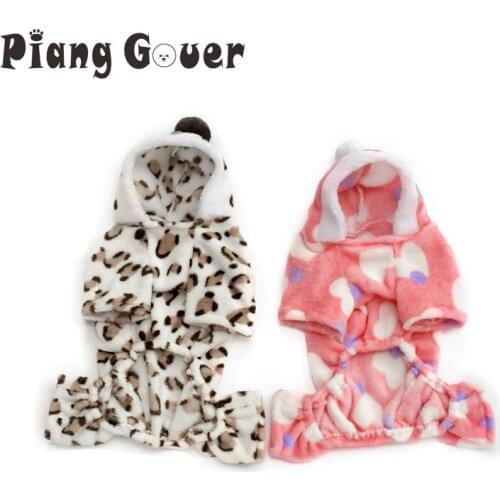 Pet Winter Warm Pink Coral Fleece Dog Clothes Heart Leopard Print Dog Jumpsuits Rompers