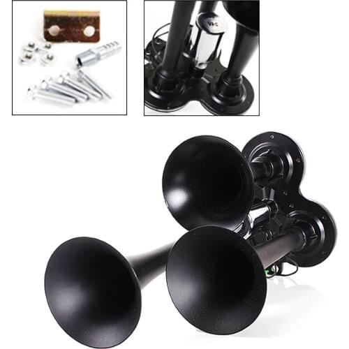 Black Metal 12V 150DB Universal Motorcycle Car Compact Air Horn Kit Triple Trumpet Ultra Loud 3 Tone Sound