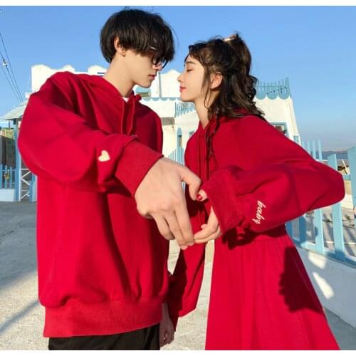 Korean Couple Matching Clothes College School Fashion Pair Lovers Women Men Red Heart Hoodie Dress Sweatshirt Outfit Wear Set