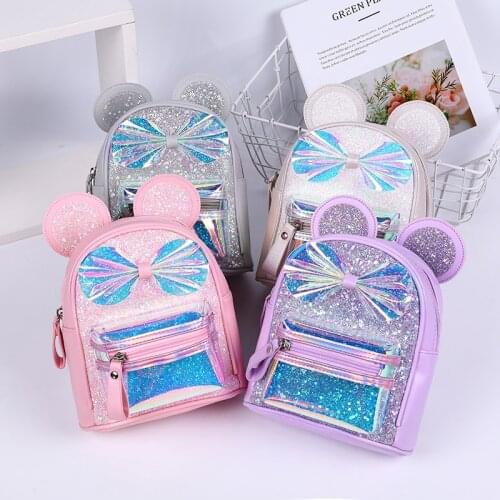 Pretty Children Sequins Laser Backpacks Leather Small School Bags for Girls Backpacks Kindergarten Kids Shoulders Bags with Bow
