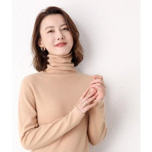Autumn Winter New,Pure Wool Sweater Women Tops,Knitted Pullover,Casual Slim,Curled High Collar,Solid Color All-Match Base Shirt