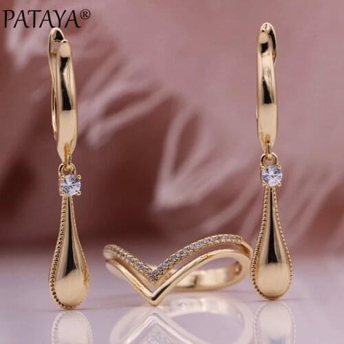 PATAYA New Glossy Water Drop Long Dangle Earrings Double Layer Natural Zircon Ring Set 585 Rose Gold Women Party Fashion Jewelry