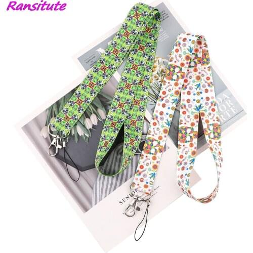 Ransitute R1915 Skull And Flowers Painting Art Key Chain Lanyard Neck Strap For Phone Keys ID Card Creative DIY Lanyards