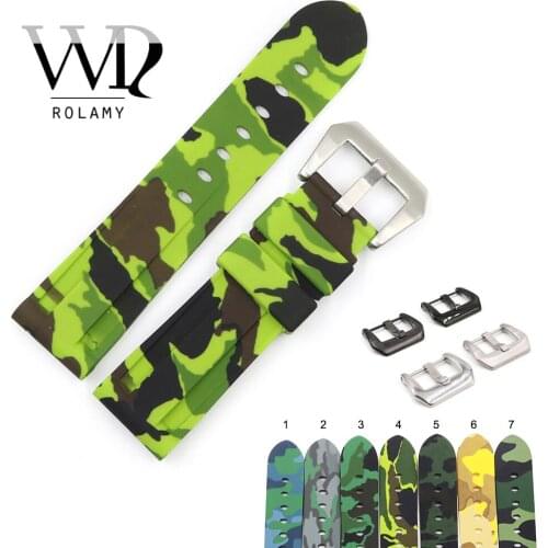 Rolamy 22 24mm Camo Brown Light Green Black Waterproof Silicone Rubber Replacement Watch Band Strap Loops For Panerai Luminor