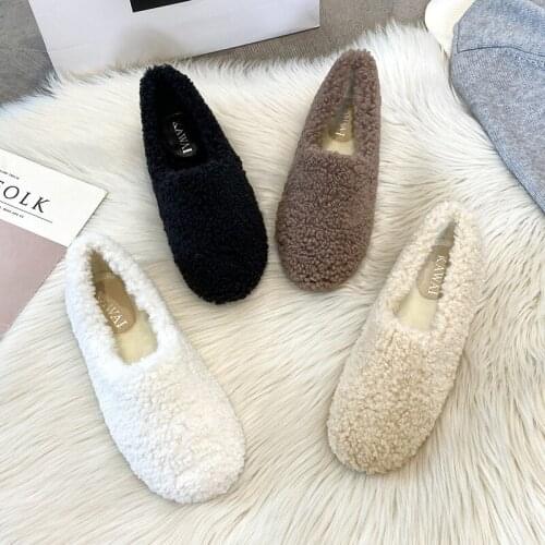 Luxury Curly lamb fur flats woman brief fleeces loafers winter warm plush cotton shoes women lambwool moccasins plus size 34-43
