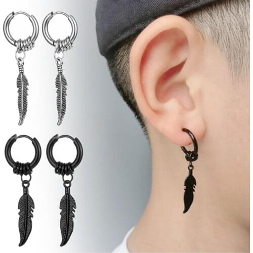 Punk Vintage Design Feather Hoop Earrings for Women Men Jewelry Accessories Black Stainless Feather Earring Novelty Gift