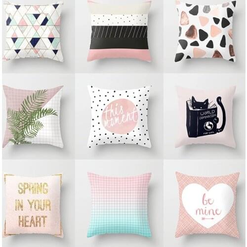 Nordic Wind Pink Green Geometric Plant Pattern Plush Fabric Home Sofa Car Decoration Pillow Cover