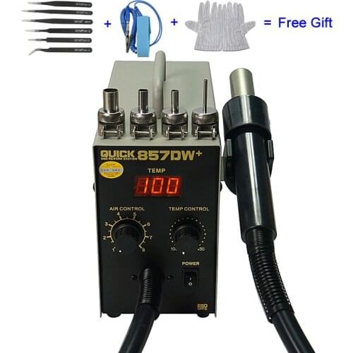 QUICK 857DW+ Soldering Station 850W Adjustable Hot Air Gun Station with Heater Helical Wind Air Gun SMD Hot Rework Station