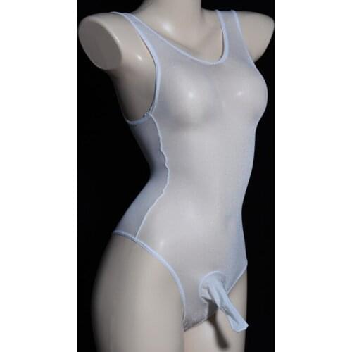 Unisex High Cut Penis Sheath Oil Glossy Shiny Swimsuit Transparent See Through Tight Nylon Bodystocking Sexy Hot Erotic Lingerie