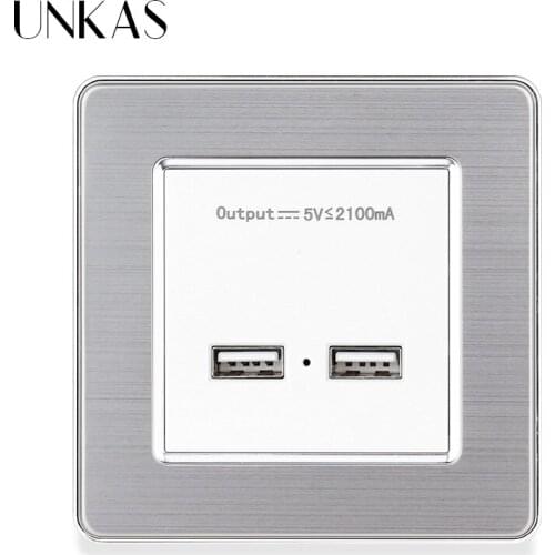 UNKAS Wall Power Socket Dual USB Smart Induction Charging Port For Mobile 5V 2.1A Output LED Indicator Stainless Steel Panel